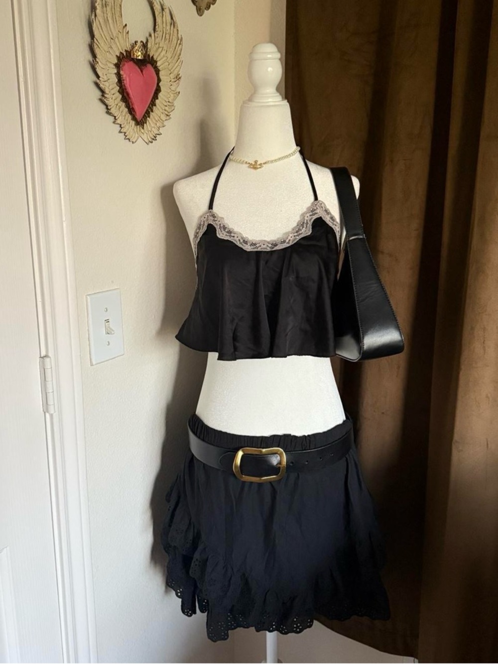 Black Lace Trim Halter Top - Women